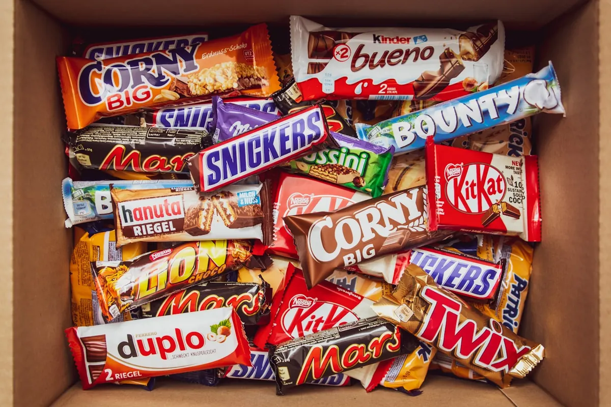 A selection of snacks and drinks stocked in the machines
